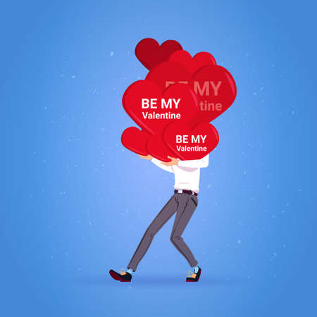 Happy Valentines Day Greeting Card Man Holding Stack Of Hearts Love Holiday Concept Flat Vector Illustrationのイラスト素材