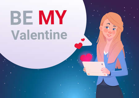 Be My Valentine Invitation Greeting Card Woman Holding Digital Tablet Sending Message Flat Vector Illustrationのイラスト素材