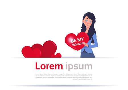 Be My Valentine Poster Woman Holding Red Heart Greeting Card Love Holiday Invitation Concept Flat Vector Illustrationのイラスト素材