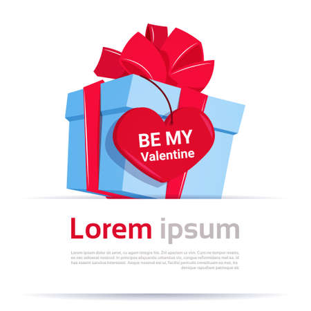 Gift Box With Be My Valentine Greeting Tag Heart Shape On Template White Background Flat Vector Illustrationのイラスト素材