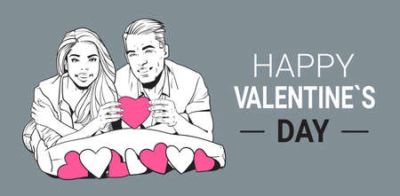Happy Valentines Day Poster Smiling Couple Hold Pink Heart Sketch Man And Woman In Love Vector Illustrationのイラスト素材