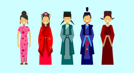 Set Of Asian Costumes, Ethnic People In Traditional Clothing Concept Flat Vector Illustrationのイラスト素材