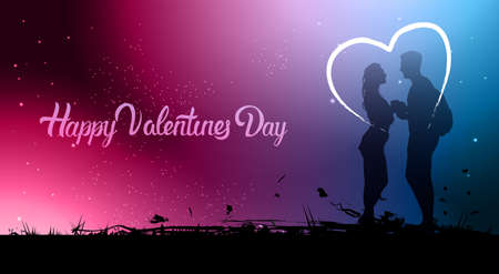 Beautiful Valentines Day Banner With Silhouette Couple Holding Hands Over Blurred Colorful Background Vector Illustrationのイラスト素材