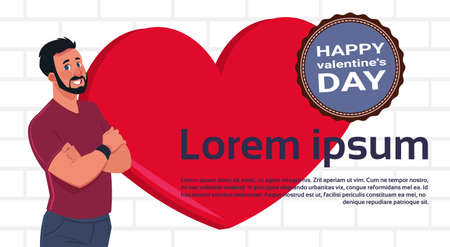 Smiling Man Over Red Heart Template Background With Happy Valentines Day Label Flat Vector Illustrationのイラスト素材