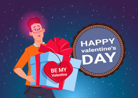 Happy Valentine Day Poster Young Man Holding Present Box With Heart Shape Sticker 14 February Holiday Concept Flat Vector Illustrationのイラスト素材