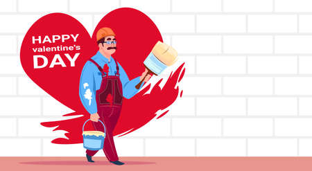 Man Painter Paint Red Heart Shape On White Brick Wall Happy Valentines Day Decoration Concept Flat Vector Illustration.のイラスト素材