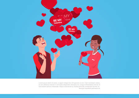 Mix Race Couple Over Heart Shapes With Be My Valentine Greeting Cards Love Day Holiday Concept Flat Vector Illustrationのイラスト素材