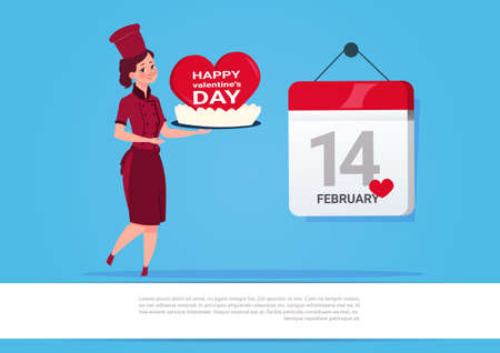 Female Cook Holding Cake For Happy Valentines Day Celebration 14 February Love Holiday Concept Flat Vector Illustration.のイラスト素材