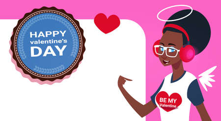 Young African American Girl Over Template Banner With Copy Space Valentines Day Concept Flat Vector...