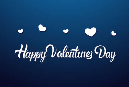 Happy Valentines Day Lettering Calligraphy On Blue Background Greeting Card Decorated With White Hearts Vector Illustrationのイラスト素材