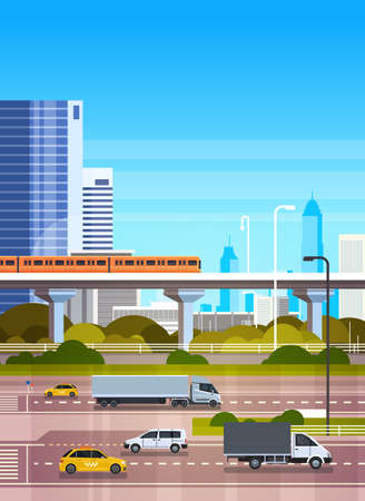 Urban Background Modern Cityscape With Highway Road And Subway Over Skyscrapers View Flat Vector Illustrationのイラスト素材