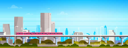 Subway train over modern city panorama with high skyscrapers, cityscape background. Horizontal...