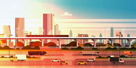 Modern city over sunset background cityscape with highway road and subway over skyscraper buildings. Flat vector illustration.のイラスト素材