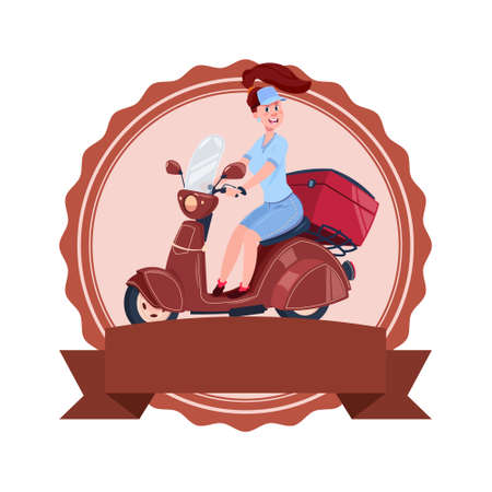 Woman riding retro scooter, motorcycle icon. Isolated template icon emblem in vintage style. Flat vector illustration.のイラスト素材