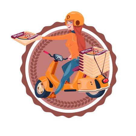 Woman Deliver Pizza Riding Retro Scooter Restaurant Food Delivery Icon Isolated Template  Flat Vector Illustrationのイラスト素材