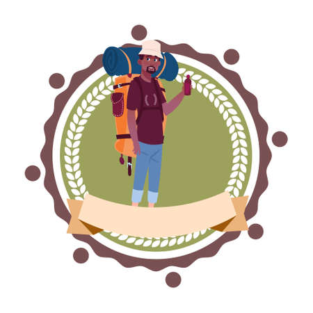 Man Backpacker African American Travel With Rucksack Hiking Icon Template Isolated Flat Vector Illustrationのイラスト素材