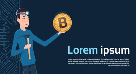 Asian Man Holding Bitcoin Crypto Currency Mining And Trade Concept Banner With Template Elements...