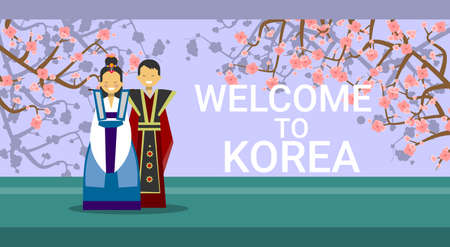 Travel To South Korea Banner, Happy Korean Coupe Wearing Raditional Costumes Over Sakura Tree Blossom Flat Vector Illustrationのイラスト素材