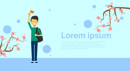 Asian Man Holding Flag Over Template Background With Sakura Tree Blossom Flat Vector Illustrationのイラスト素材