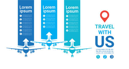 Plane Silhouette Over Template Blue Background Travel Banner With Copy Space Flat Vector Illustrationのイラスト素材
