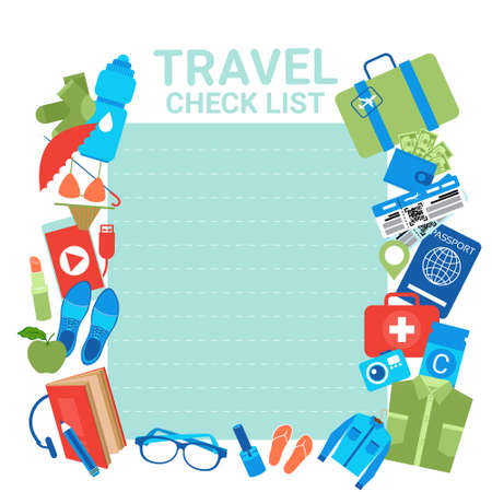 Travel Check List Template Background For Checklist For Packing, Planning Of Vacation Suitcase With Items Flat Vector Illustration.のイラスト素材
