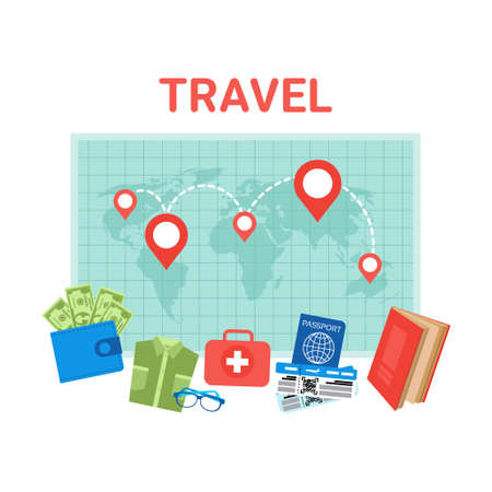 Travel Planning Background Pointers On World Map Baggage Items Icons Flat Vector Illustrationのイラスト素材