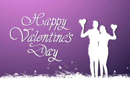 Happy Valentines Day Background With Creative Lettering And Silhouette White Couple Embracing Vector Illustrationのイラスト素材
