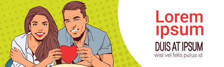 Man And Woman Holding Red Heart Young Couple In Love Over Comic Pop Art Valentine Day Concept Vector Illustrationのイラスト素材