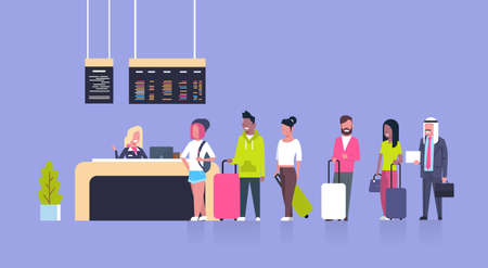 Group Of Mix Race Passengers Standing In Queue To Counter Check In Airport, Departures Board Concept Flat Vector Illustrationのイラスト素材
