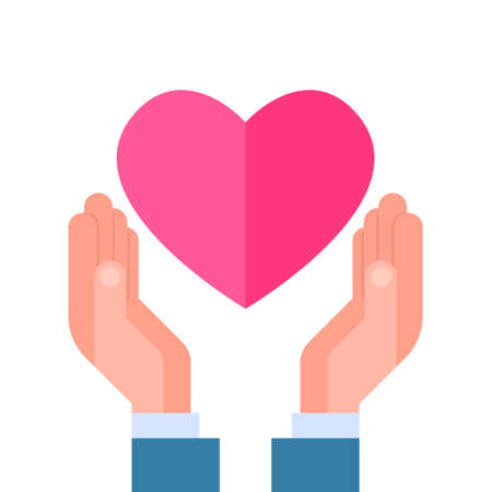 Hands Holding Pink Heart Shape Isolated Over White Background Valentines Day Concept Flat Vector Illustrationのイラスト素材