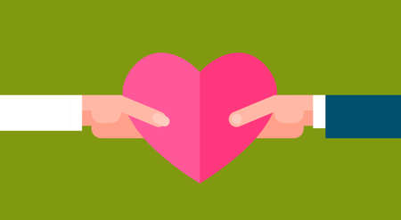 Man And Woman Holding Pink Heart Shape Over Green Background Valentines Day Concept Flat Vector Illustrationのイラスト素材