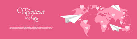 Happy Valentines Day banner horizontal with world map on background. Vector illustration.のイラスト素材