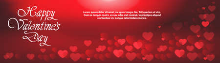 Happy Valentines Day horizontal banner with handwritten calligraphy lettering on red bokeh heart shapes background. Vector illustration.のイラスト素材