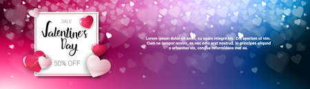 Sales on Valentines Day shopping discounts template. Horizontal banner with copy space over bokeh hearts background. Vector illustration.のイラスト素材