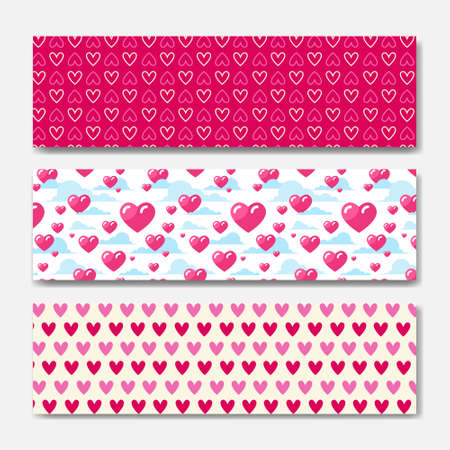 Pink Hearts Horizontal Banners Set Decoration For Valentines Day Holiday Poster Or Web Background Design Vector Illustrationのイラスト素材