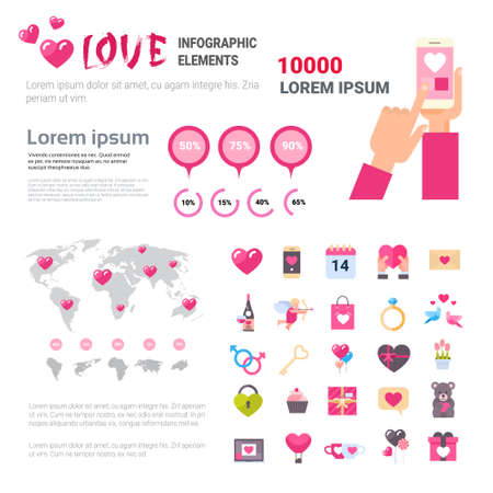 Valentines Day Infographic Set Of Template Elements Icons Over Pink Background, Love Holiday Info Graphic Flat Vector Illustrationのイラスト素材