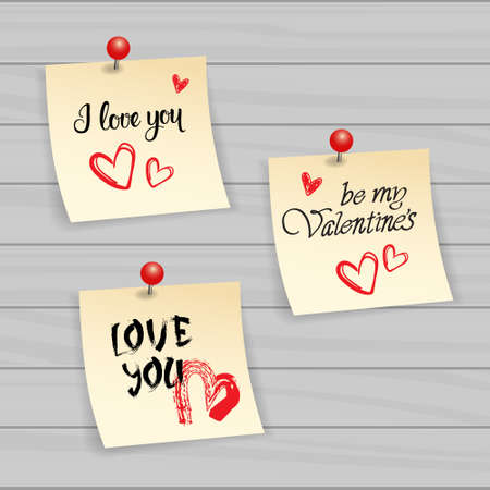 Valentine Day stickers set typography note with hand drawn text and pin. Isolated on wooden textured background. Vector illustration.のイラスト素材