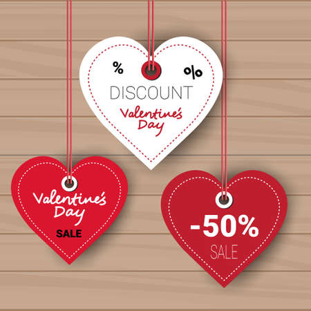 Valentines day set of sale stickers discount tags collection on wooden texture background. Vector illustration.のイラスト素材