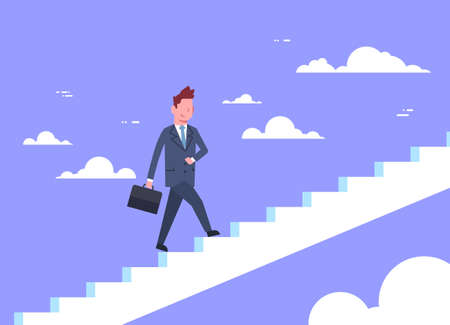 Business man walking stairs up. Businessman career development concept. Flat vector illustration.のイラスト素材