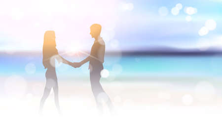 Silhouette Couple Holding Hands On Beautiful Sea Beach Bokeh Background Vector Illustrationのイラスト素材
