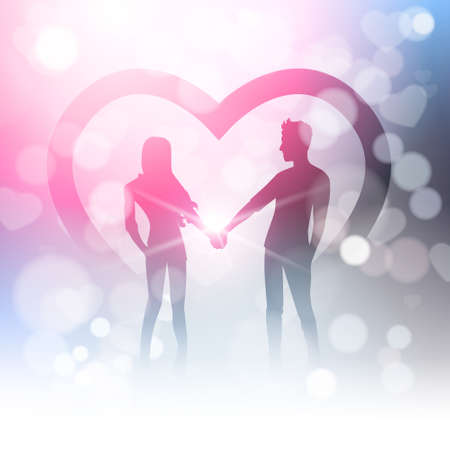 Couple Hold Hands Over Bokeh Background And Heart Shape In Blur Shiny Light Vector Illustrationのイラスト素材