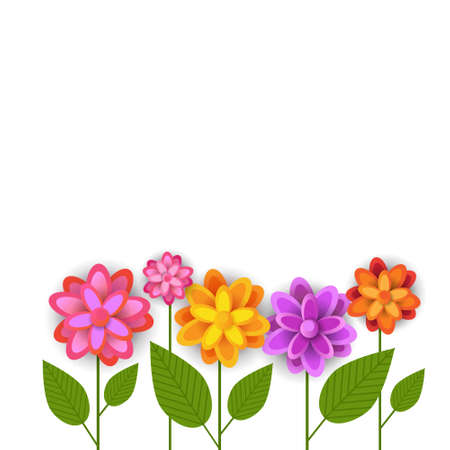 Floral Spring White Background Colorful Flowers On White Copy Space Flat Vector Illustrationのイラスト素材