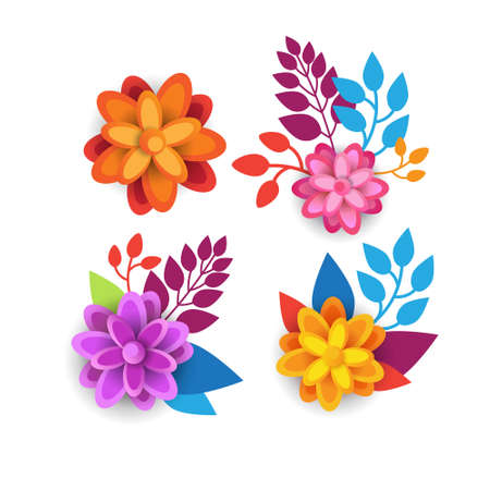 Colorful Floral Elements Graphic Design With Spring Flowers On White Background Flat Vector Illustrationのイラスト素材