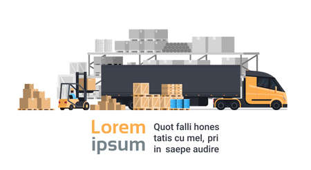 Lorry Loading With Forklift, Cargo Container Truck Warehouse Building. Shipping And Transportation Concept Flat Vector Illustration.のイラスト素材