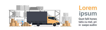 Warehouse Delivery, Truck Car Over Containers Building. Shipping And Transportation Concept Horizontal Banner With Copy Space Flat Vector Illustrationのイラスト素材