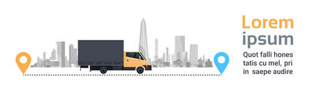 Cargo Truck Over Silhouette City Background On Route. Transportation And Delivery Service Concept Horizontal Banner Flat Vector Illustrationのイラスト素材