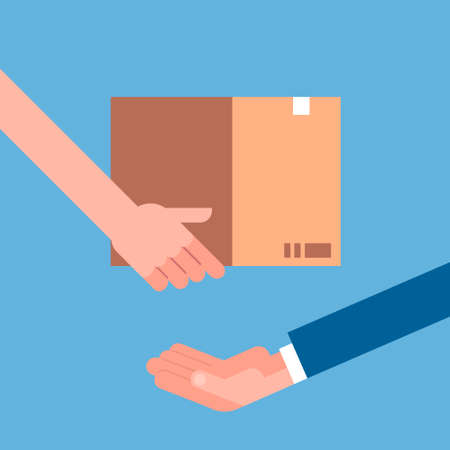 Man Hand Giving Cardboard Package To Another. Delivery Courier Shipping Concept Flat Vector Illustrationのイラスト素材