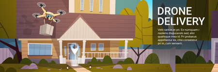 Modern Delivery Drone With Boxes Fly Over Houses, Air Transportation Technology Concept Flat Vector Illustrationのイラスト素材