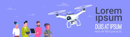 Group Of People With Gadgets Using Modern Drone Over Template Background With Copy Space Flat Vector Illustrationのイラスト素材