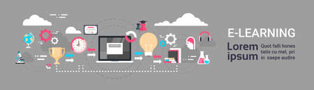 E-learning background with copy space global distance. Learning concept horizontal banner flat vector illustration.のイラスト素材